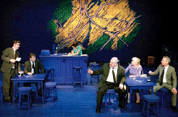 Stuart McQuarrie, Ruari Conaghan, Michelle Fairley, Ron Donachie, Eileen Pollock and Karl Johnson in Scenes from the Big Picture (National: Cottesloe, 2003) photo: Nobby Clark